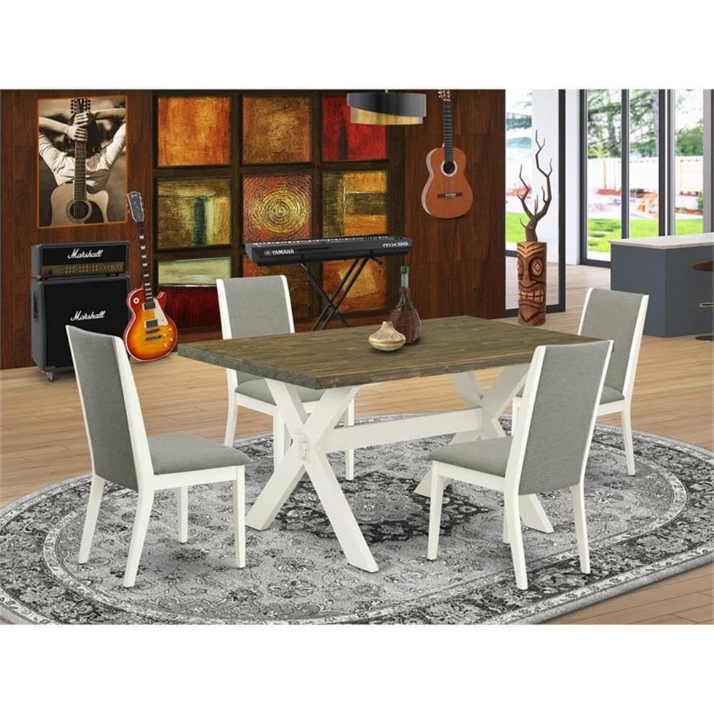 East West Furniture X076La206-5 5 Piece Modern Dining Table Set Includes A Rectangle Wooden Table With X-Legs And 4 Shitake Linen Fabric Parson Dining Chairs, 36X60 Inch, Multi-Color